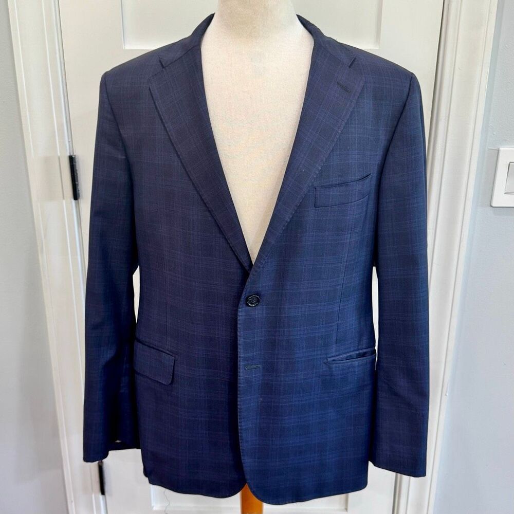Hickey Freeman Loro Piana Blazer. Blue plaid print. 44S.